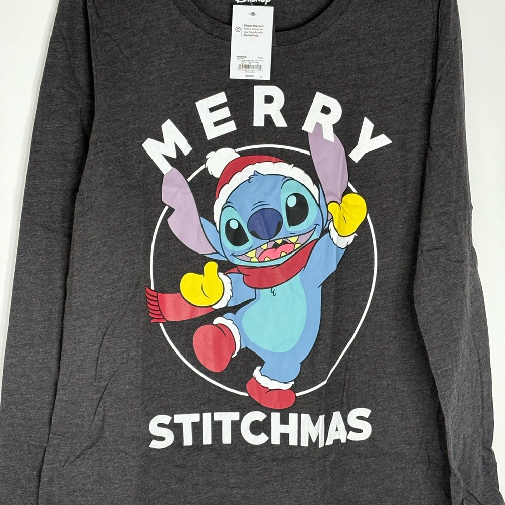 Disney Women’s Merry Stitchmas Stitch Long Sleeve Tee Gray Size Large NWT